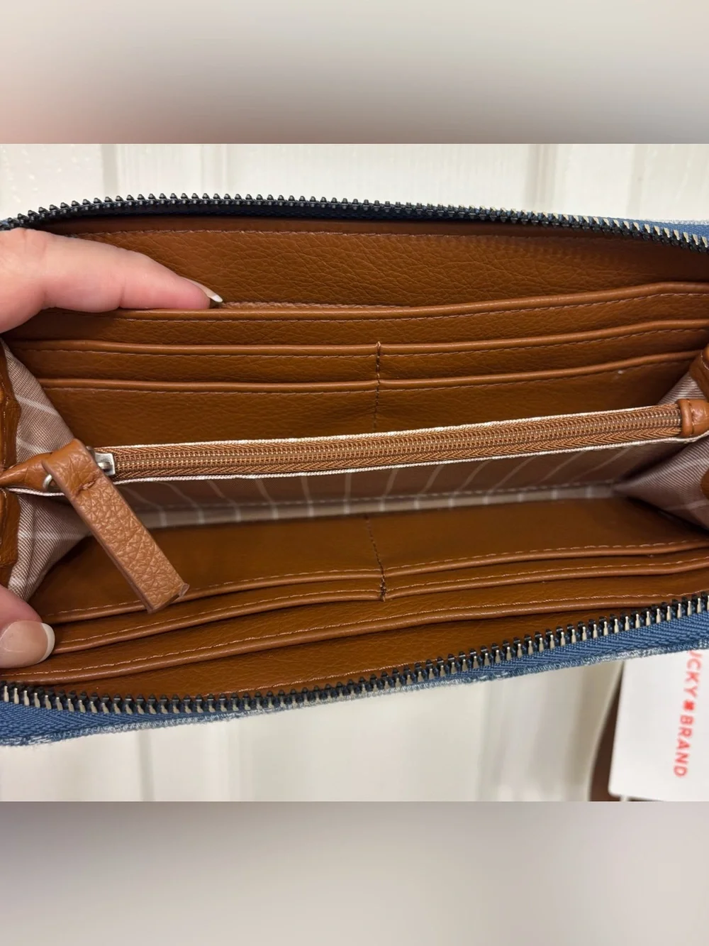 Lucky Brand Blue Floral Denim Wristlet Wallet with Brown Strap
